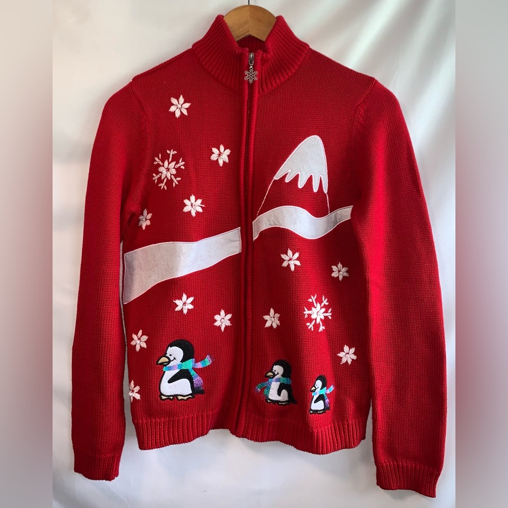 B. Moss Red Zip Up Cardigan Sweater With Penguins & Snowflakes Size Small